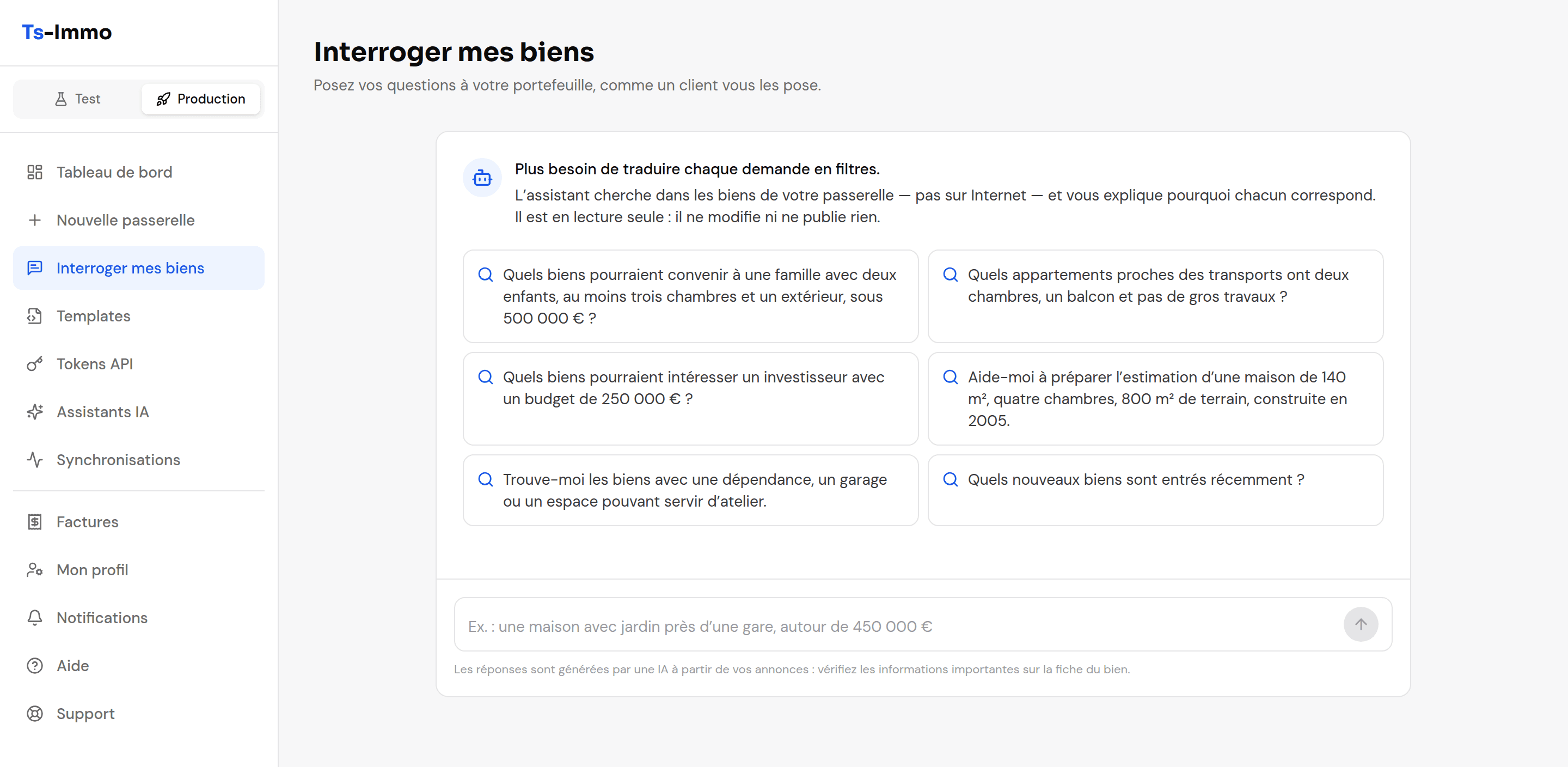 The assistant’s start screen, with example questions