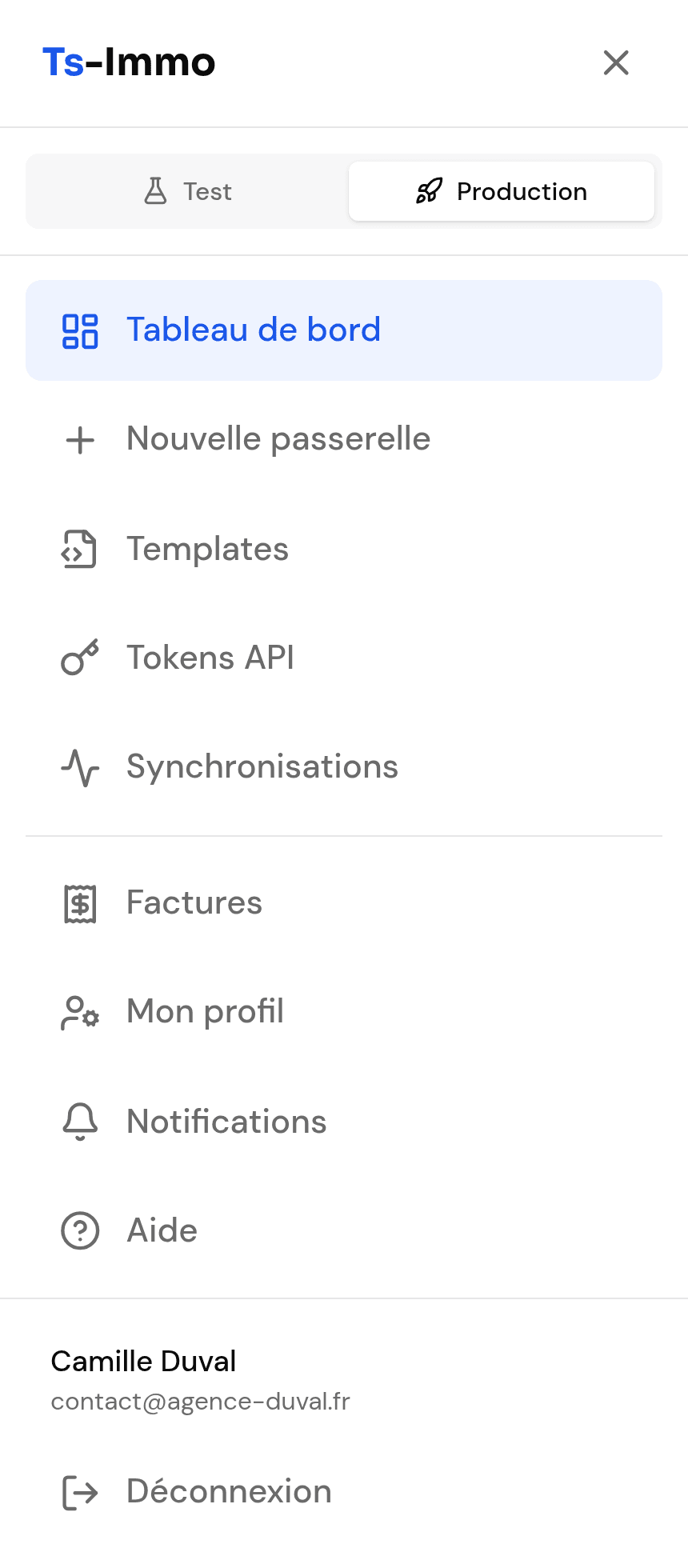 Le sélecteur Test / Production en haut du menu