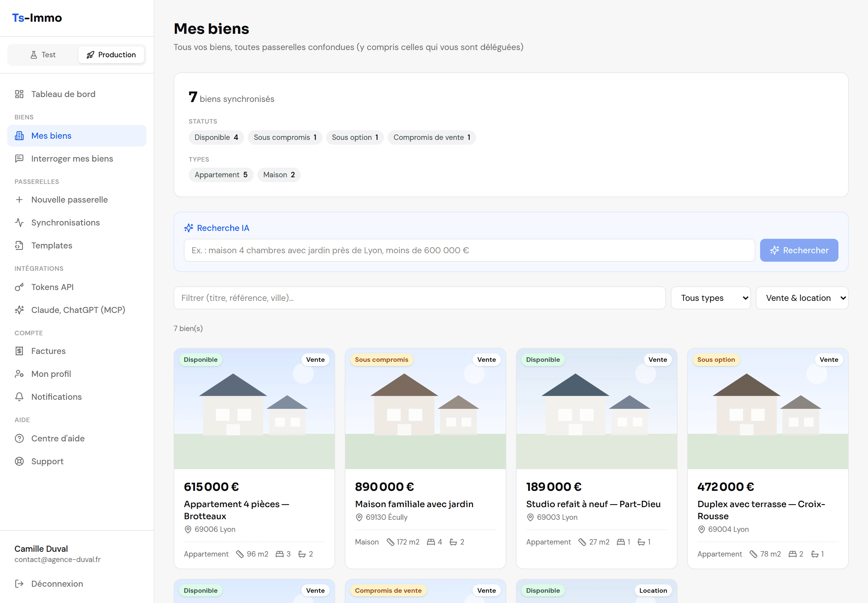 The My properties page, with the AI search field and the filters