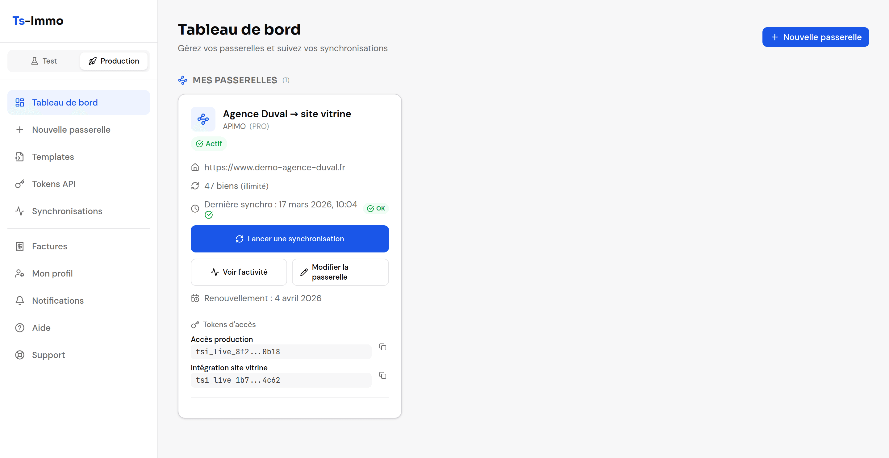 Le tableau de bord Ts-Immo avec une carte de passerelle
